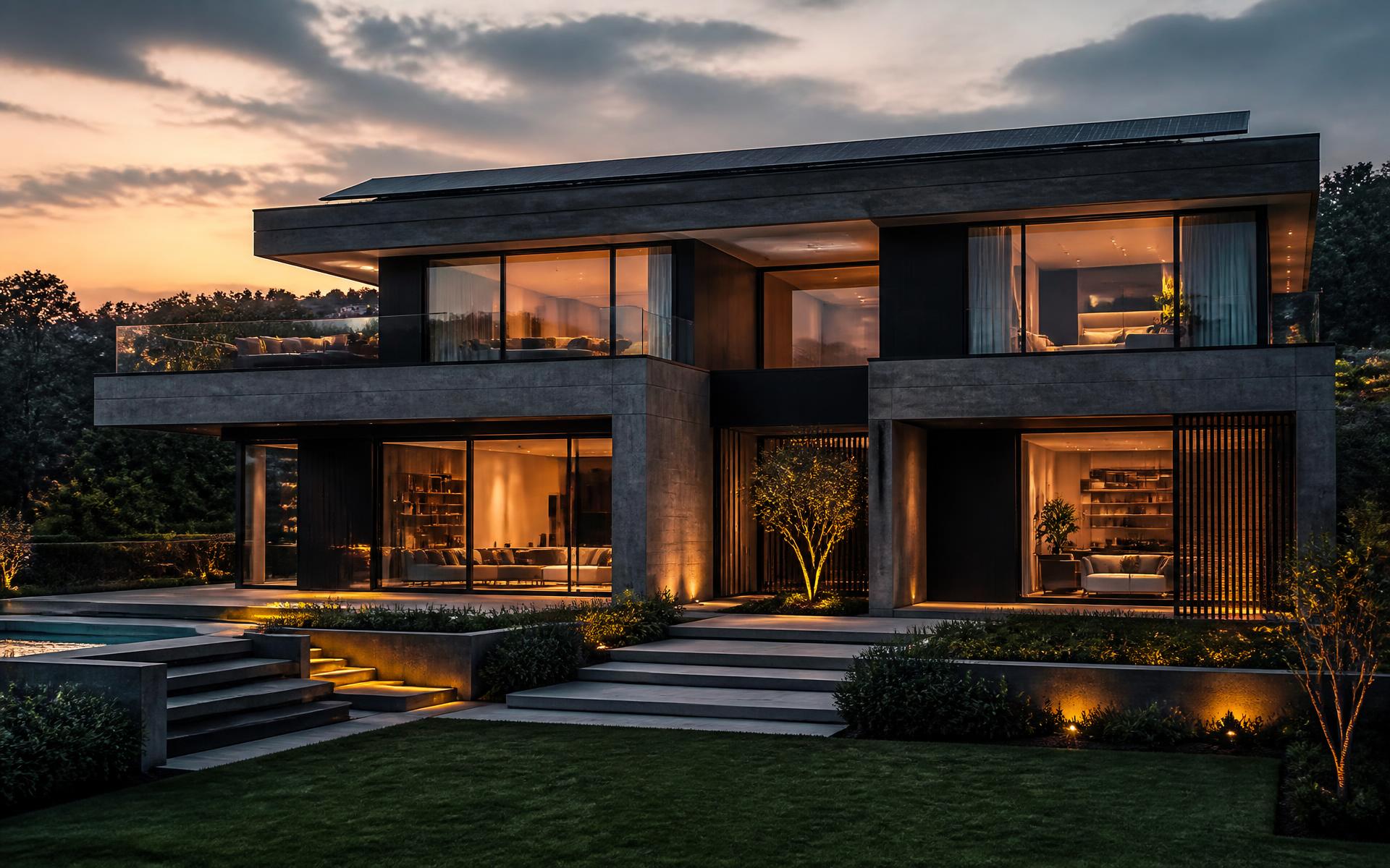 Moderne Villa mit architektonisch integrierter Photovoltaikanlage in der Abenddämmerung